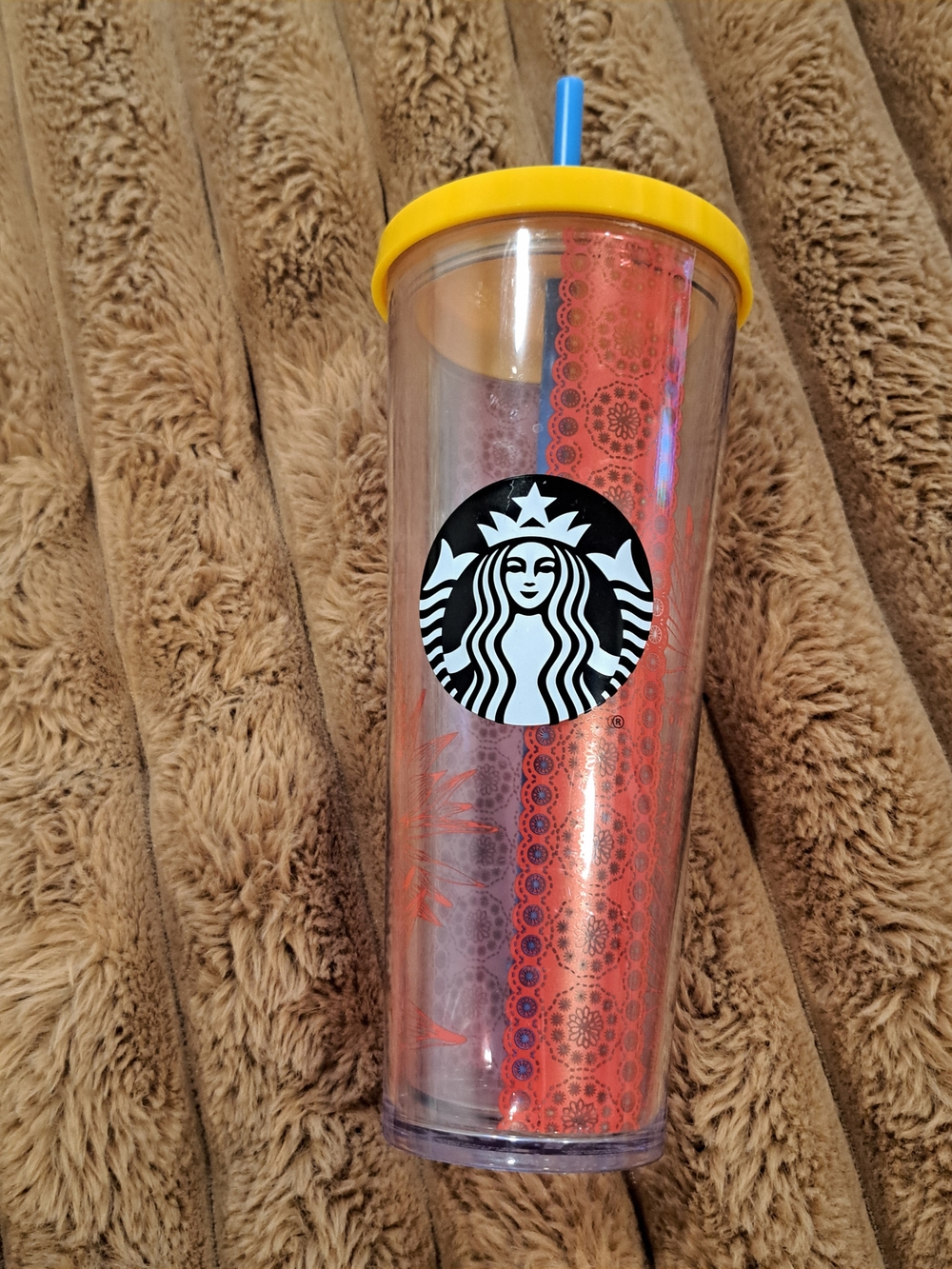 Starbucks Yellow Lid Clear Tumbler with Blue Straw and Red Insert
